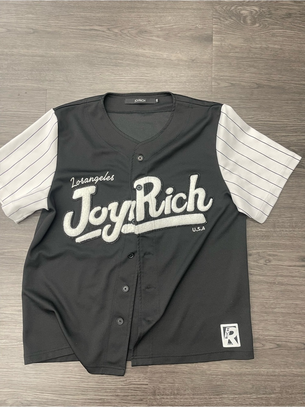 JoyRich Black Baseball Jersey with White Pinstriped Sleeves